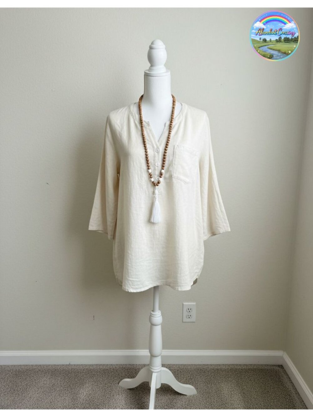 Womens 3/4 Sleeve V Neck Cotton Linen Top Loose Fit Casual Blouse Fall